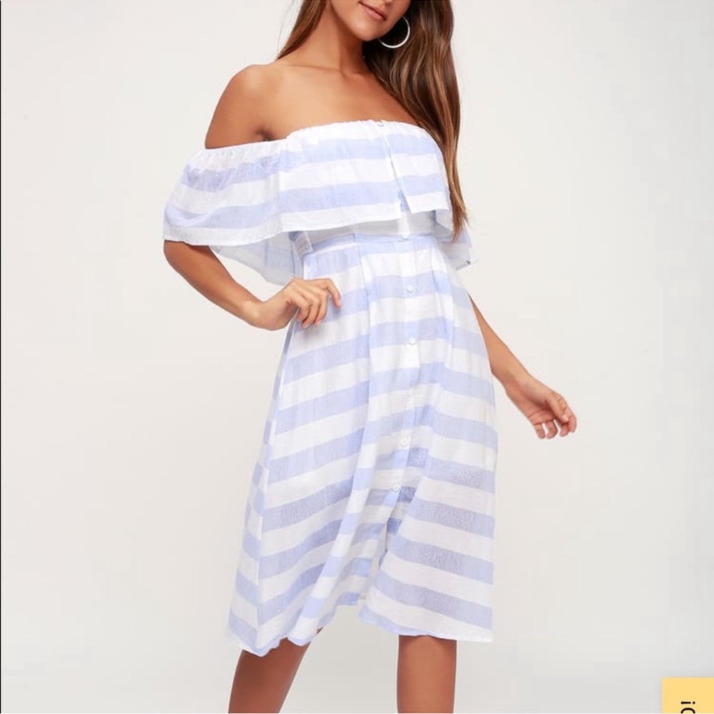 LULUS - Transatlantic Voyage Blue and Ivory Striped Midi Dress - Size Small